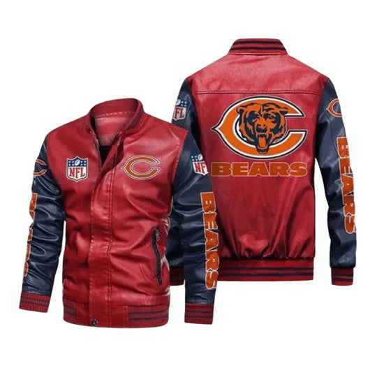 Chicago Bears NFL Leather Bomber Jacket, Mens Fan Gear w/ Sticker Patch