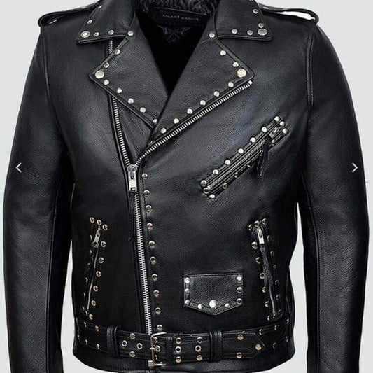 Black Studded Leather Biker Jacket for Men Brando Style