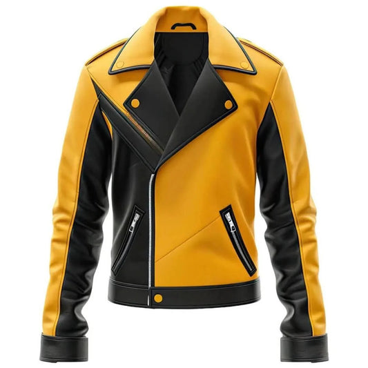 Men’s Yellow and Black Notch Lapel Biker Leather Jacket