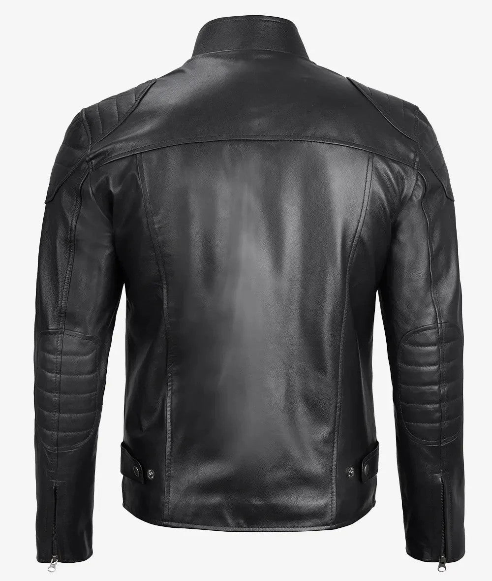 Mens Black Leather Biker Jacket, Modern Café Racer with Padded Shoulder