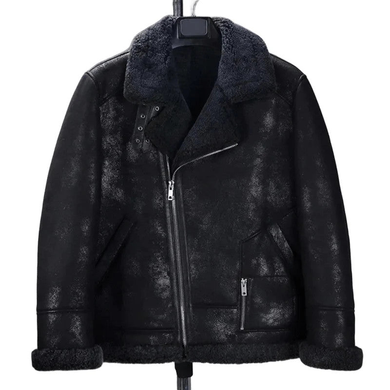 Black Wolf B3 Shearling Bomber Jacket, Crack-Textured Leather, Winter Style