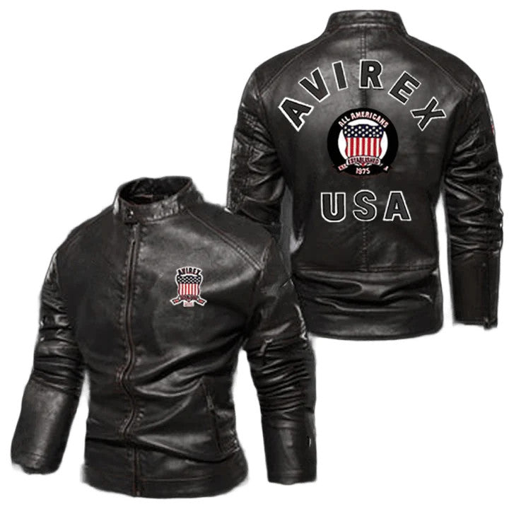 AVIREX Road Rebel Black Leather Moto Jacket with Band Collar and USA Patch