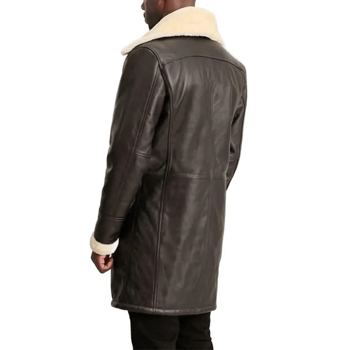 Luxury Men’s Shearling Leather Coat Fur Collar Long Winter Jacket