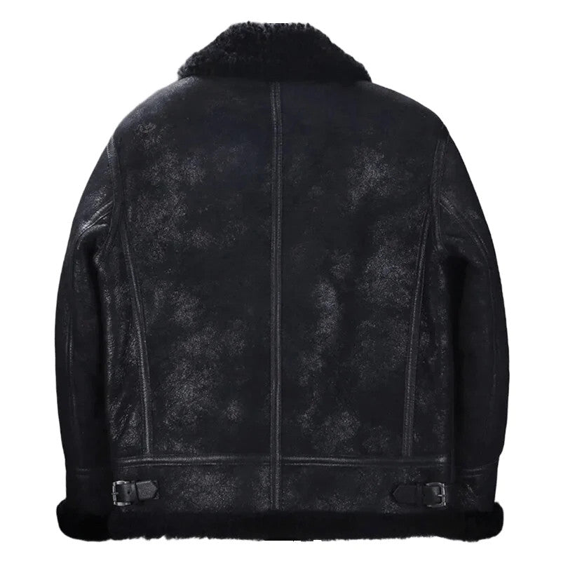 Cold Command Sheepskin Bomber, Buckled Precision, Midnight Leather Jacket