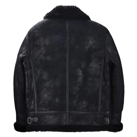 Cold Command Sheepskin Bomber, Buckled Precision, Midnight Leather Jacket