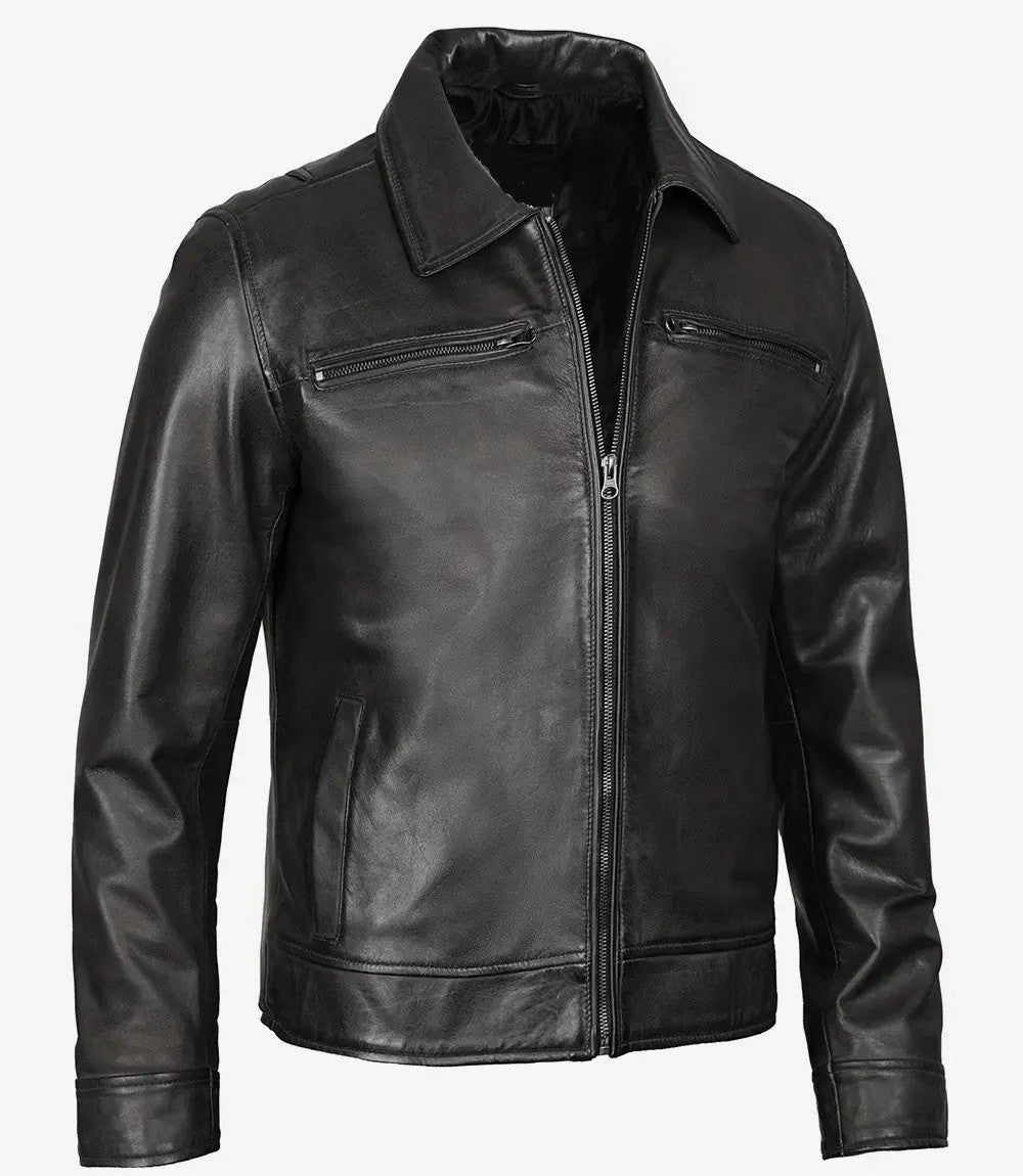 Black Shirt Collar Leather Jacket for Men, Timeless Cool Factor