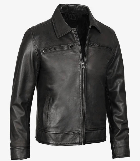Black Shirt Collar Leather Jacket for Men, Timeless Cool Factor