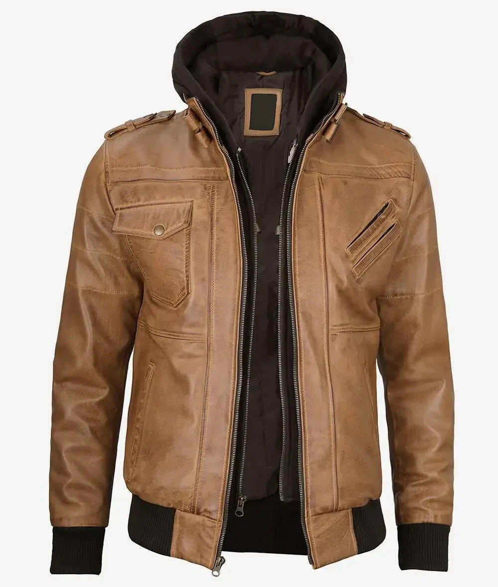 Mens Stylish Sheep Leather Bomber Jacket, Hooded and Winter-Ready