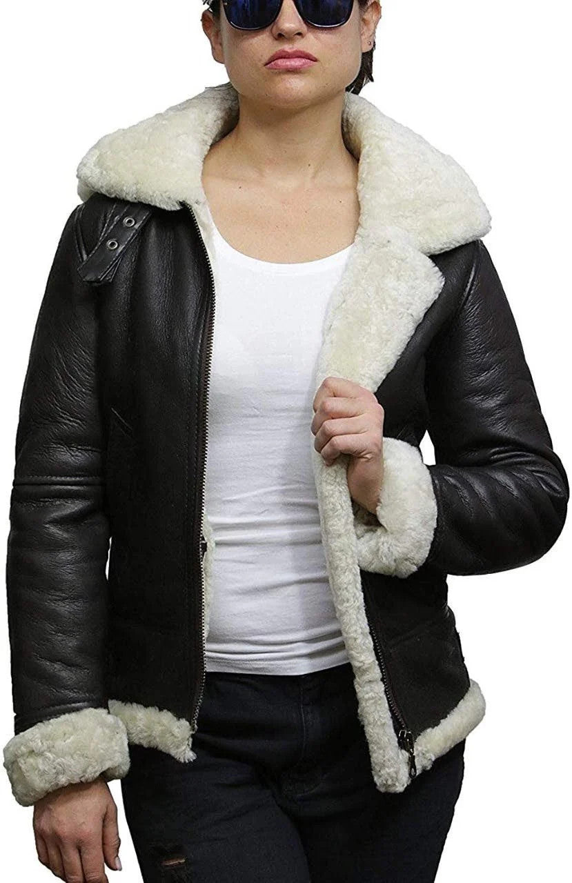 Shearling Squadron Womens WWII B3 Jacket Hooded Flight Style in Leather