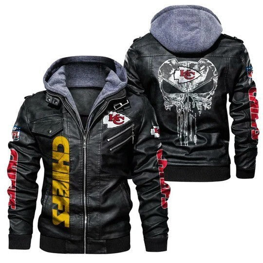 KC Chiefs Varsity Leather Hoodie, Bomber Style NFL Jacket with Team Patches