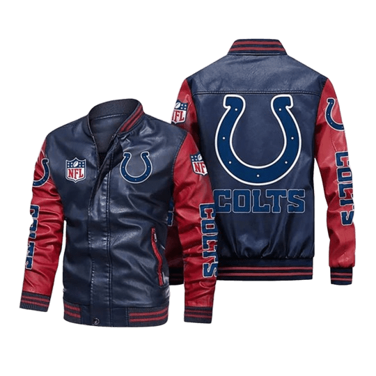 Indianapolis Colts Leather Bomber Jacket, NFL Biker Style with Sticker Patch