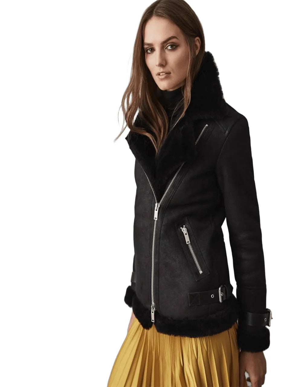 Midnight Luxe Shearling Womens Black Leather Jacket for Fierce Winter Elegance