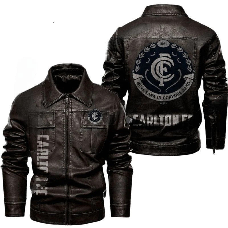 Carlton FC Leather Biker Leather Jacket, Tough Fan Look with Bold Sticker Patch