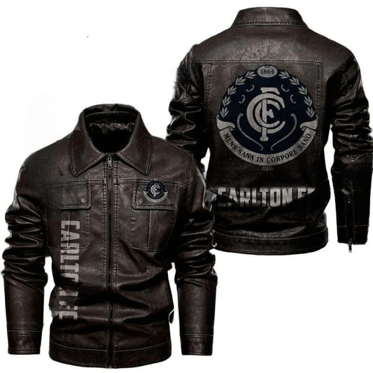 Carlton FC Leather Biker Leather Jacket, Tough Fan Look with Bold Sticker Patch