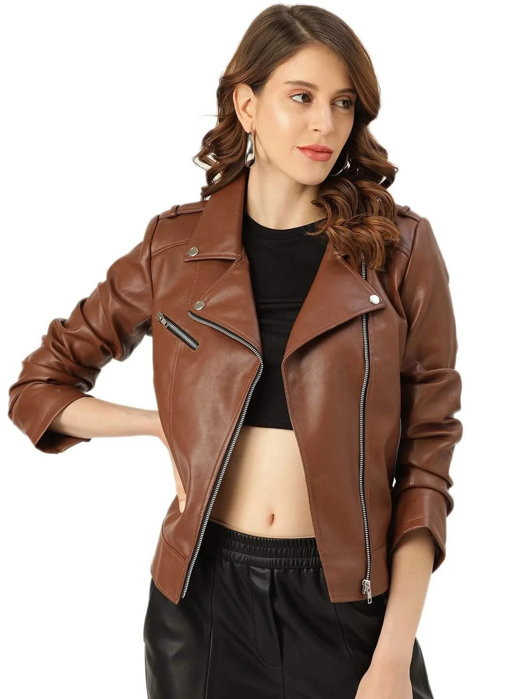 Stylish Lapel Collar Leather Jacket Womens Casual Chocolate Brown