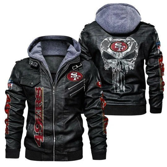 San Francisco 49ers Leather Hoodie Jacket, Bomber Style with Skull and Patches