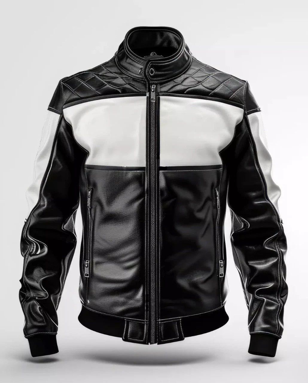 Classy Diamond-Quilted Leather Jacket, Mens Black and White Zip-Up Moto Outfit