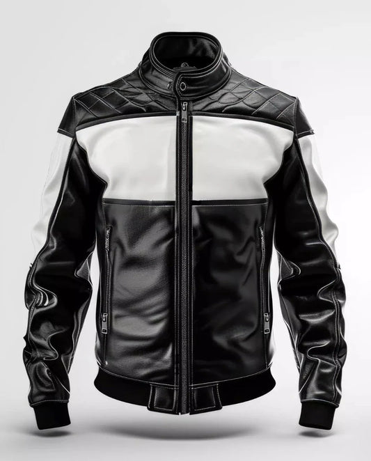 Classy Diamond-Quilted Leather Jacket, Mens Black and White Zip-Up Moto Outfit