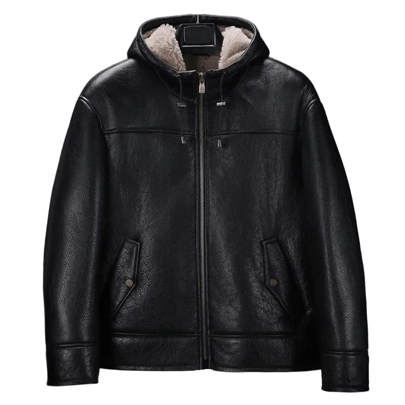 Shadow Play Mens Hooded Shearling Jacket, Black Sheepskin Leather