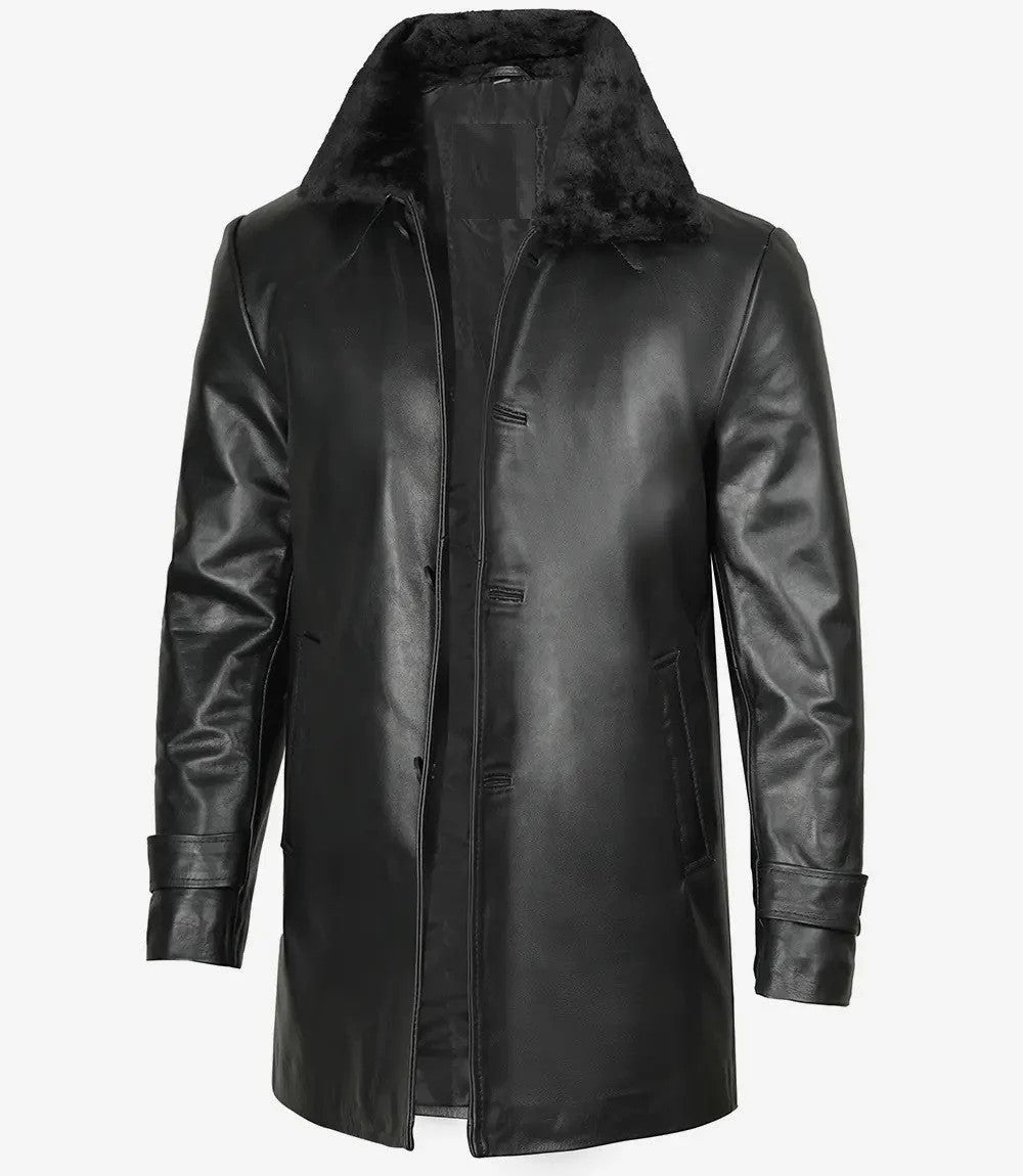 Mens Black 3/4 Length Leather Coat, Classic Vintage Look with Fur Collar