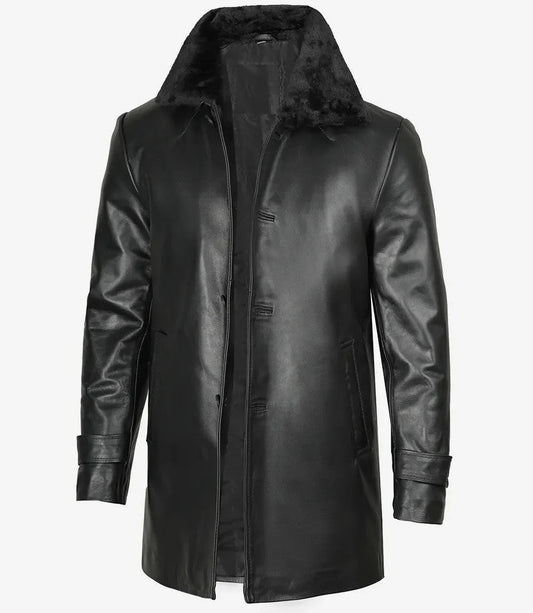Mens Black 3/4 Length Leather Coat, Classic Vintage Look with Fur Collar