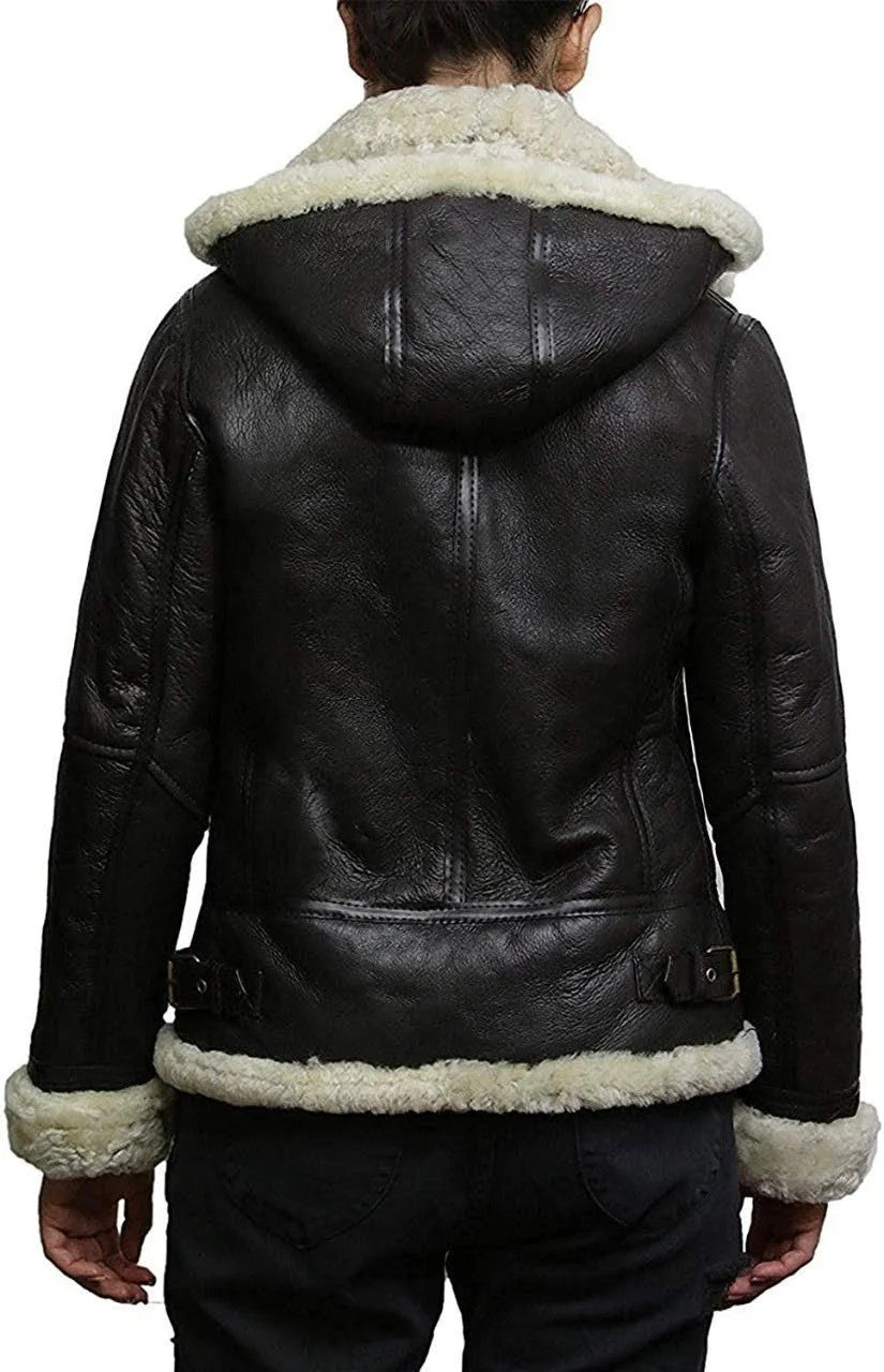 Shearling Squadron Womens WWII B3 Jacket Hooded Flight Style in Leather
