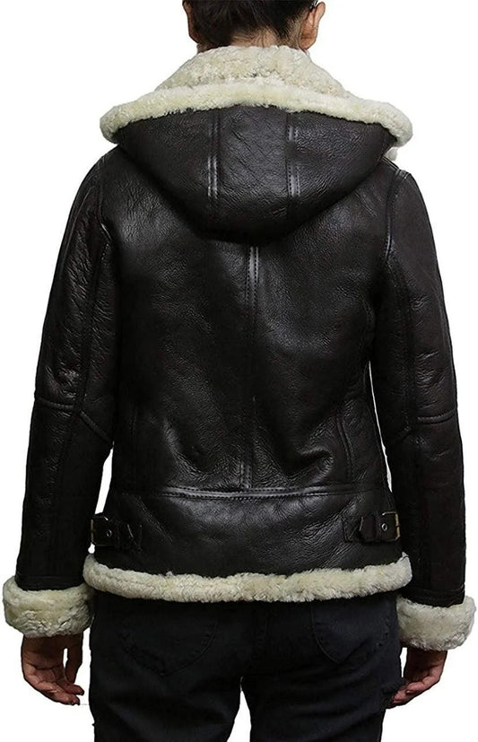 Shearling Squadron Womens WWII B3 Jacket Hooded Flight Style in Leather