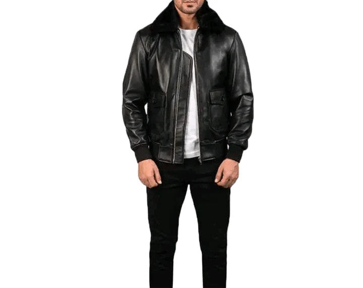 Airin G-1 Leather Bomber Jacket, Classic Black Aviator Look
