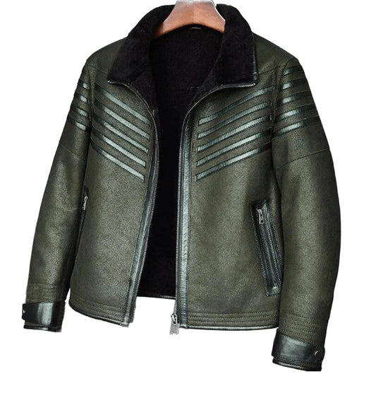 Greenroom Legend B3 Shearling Bomber Jacket, Green Sheepskin Leather and Fur