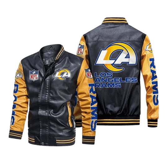 Los Angeles Rams NFL Leather Bomber Jacket, Team Logo Design with Sticker Patch