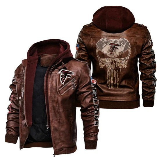 Cowboys and Falcons NFL Leather Bomber Hoodie, Brown Jacket with Logo Patches