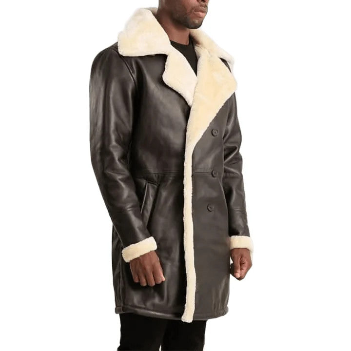 Luxury Men’s Shearling Leather Coat Fur Collar Long Winter Jacket