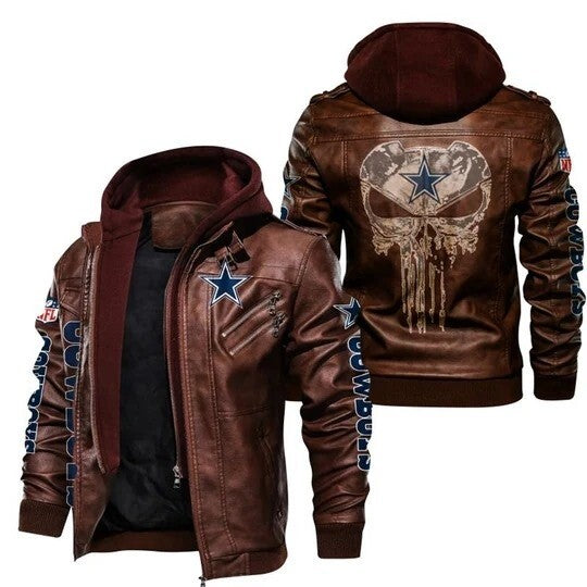 Cowboys and Falcons NFL Leather Bomber Hoodie, Brown Jacket with Logo Patches