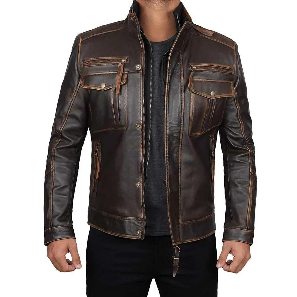 Ironwood Trail Mens Distressed Leather Jacket, Vintage 6-Pocket Style