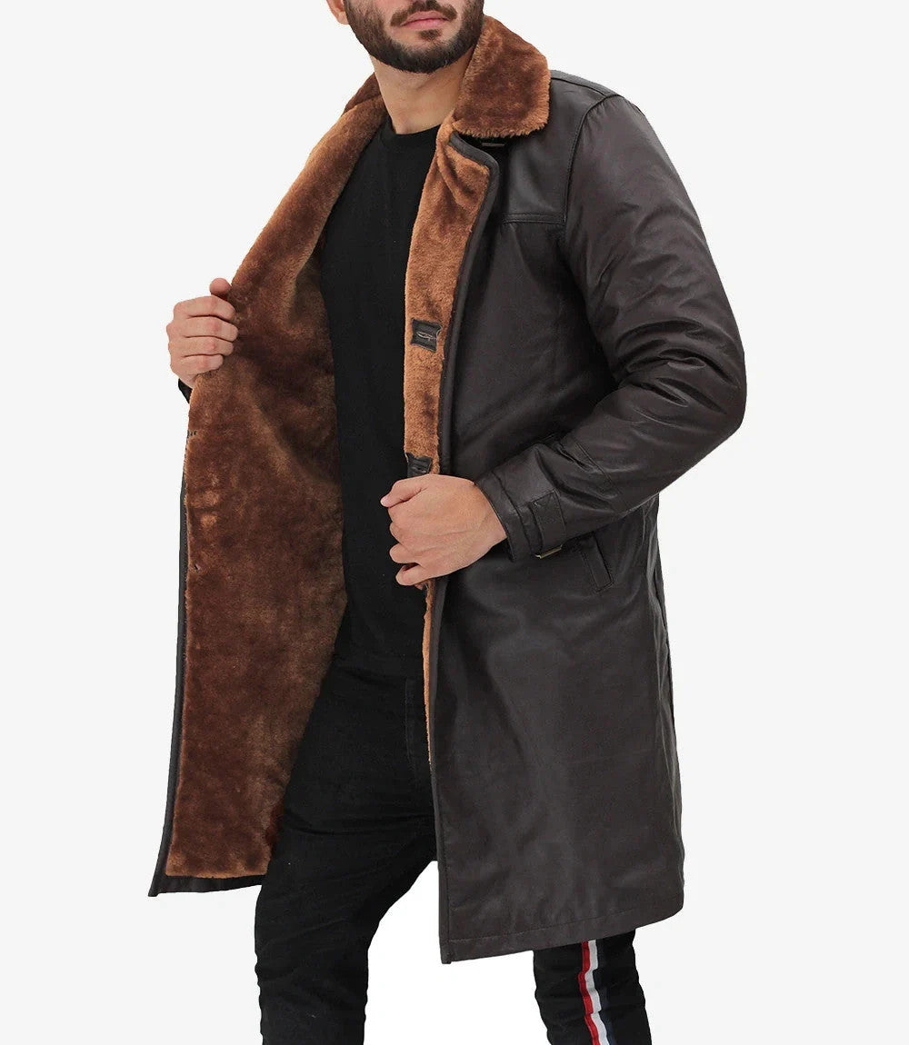 Mens Dark BrownLeather Fur Trimmed Coat, Warm Shearling Lined Overcoat
