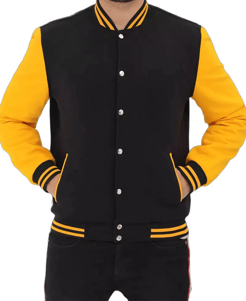 Mens Black and Yellow Letterman Jacket, Classic Baseball Bomber Style