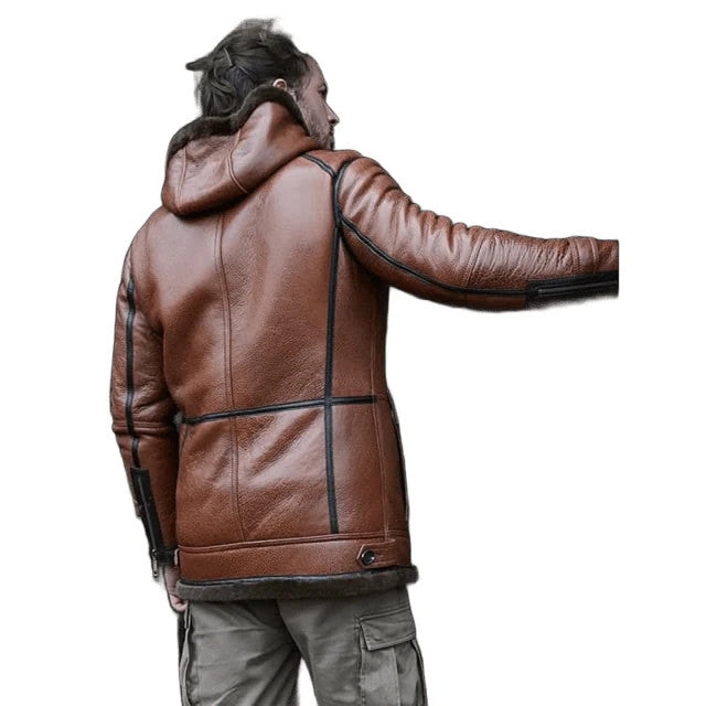 Frostborn Renegade Hooded Mens Shearling Leather Flight Jacket in Cognac Brown