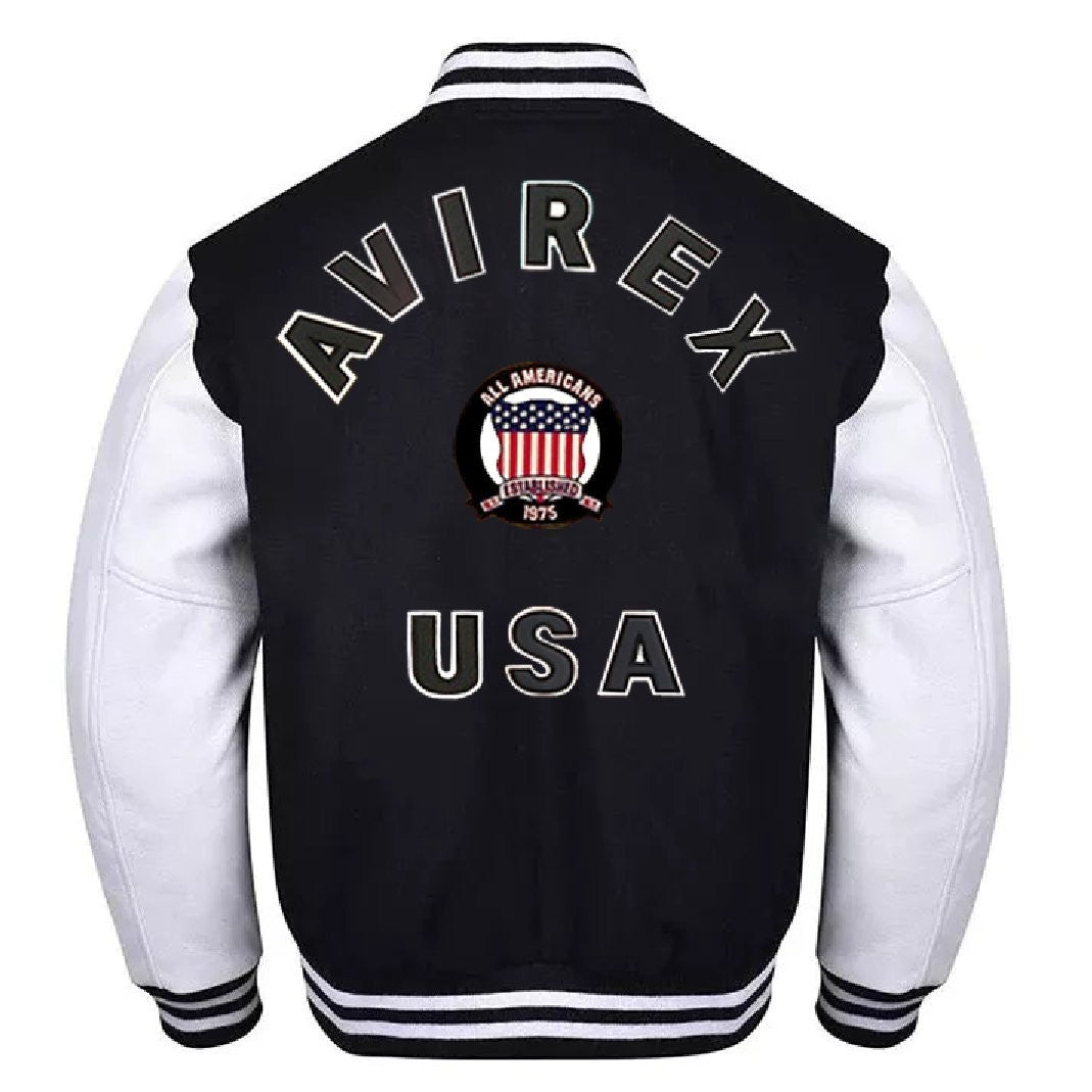 Avirex Wool Bomber Leather Sleeve Varsity Jacket, USA Patch, Streetwear Style