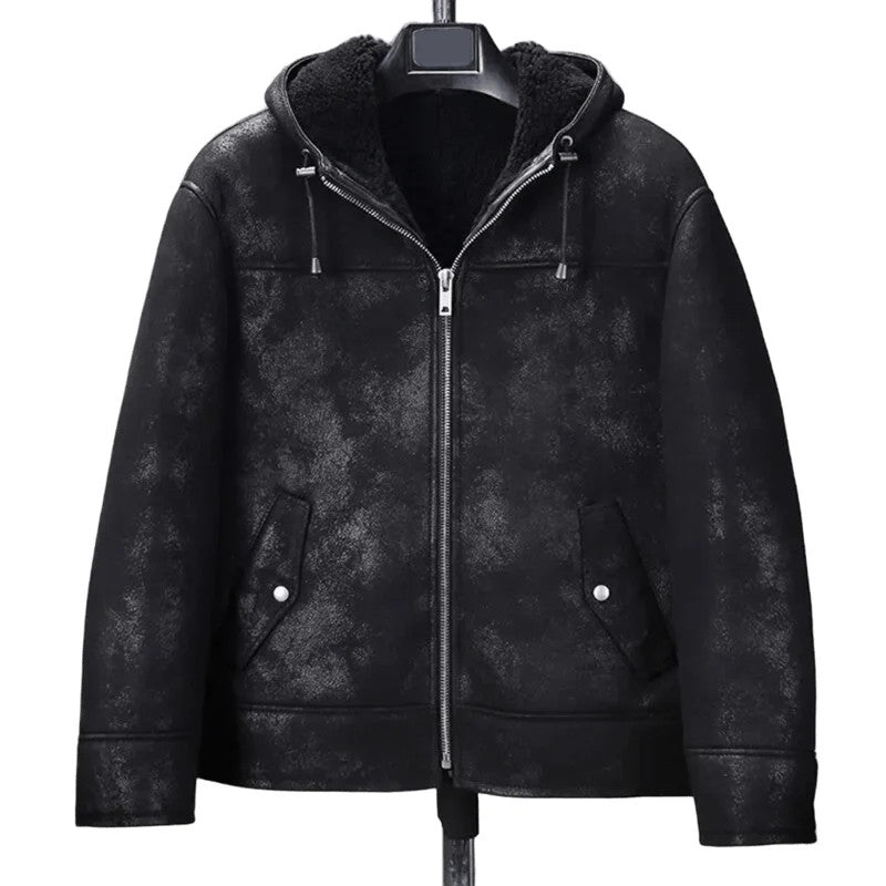 Mens B3 Hooded Shearling Jacket Crack Leather Bomber, Black Fur Winter Coat