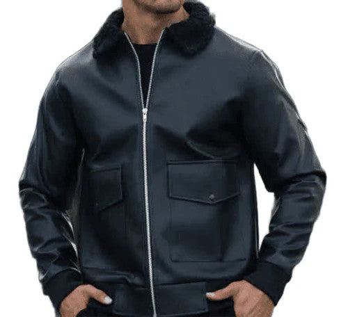 Mens Black Leather Bomber Jacket with Fleece Collar & Utility Pockets