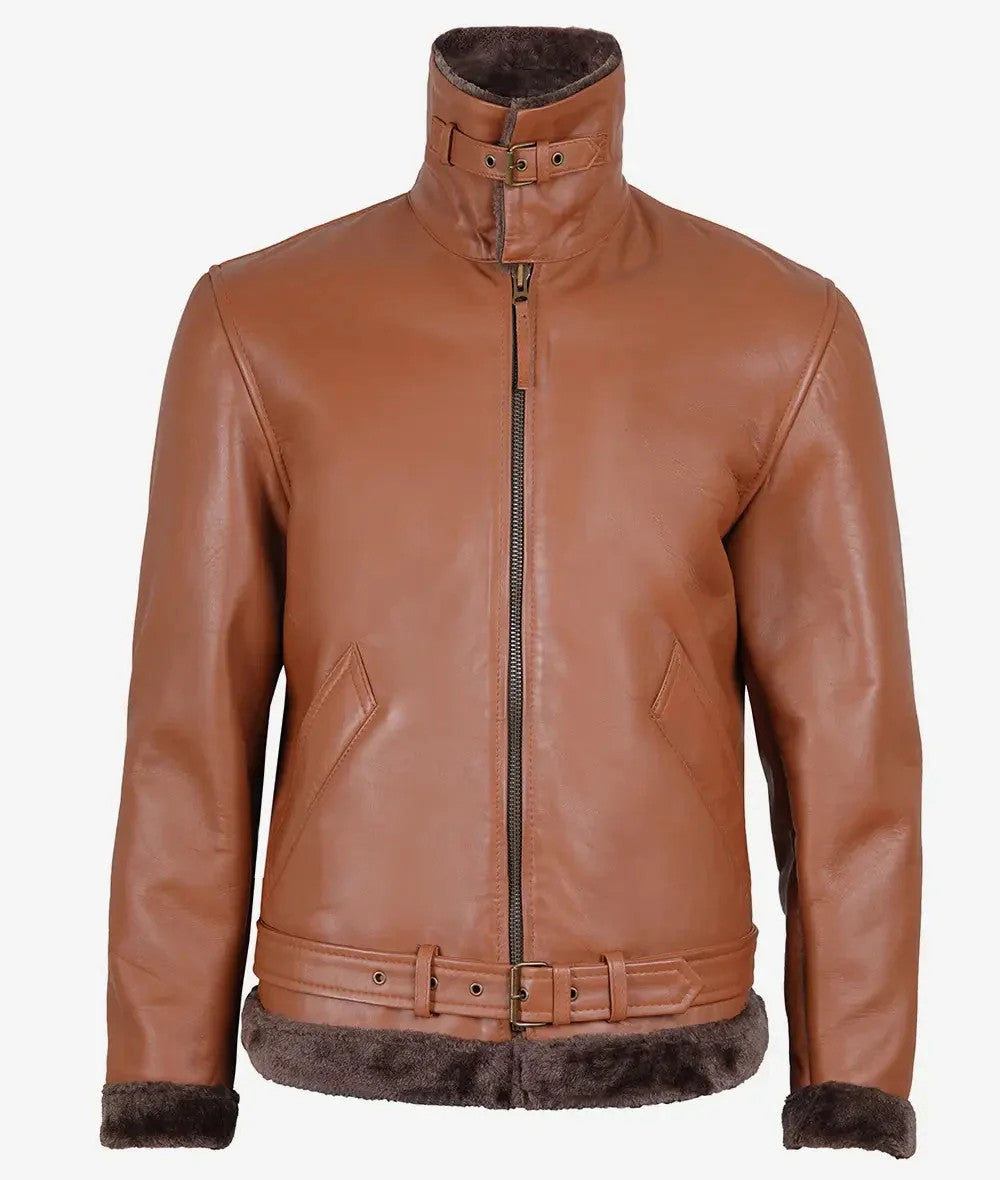 Mens Classic Shearling Leather Aviator, Warm Fur Trimmed Cognac Jacket