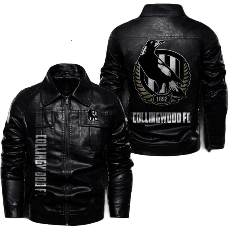 Collingwood FC Biker Leather Jacket, Streetwear Style with Fan Sticker Patch