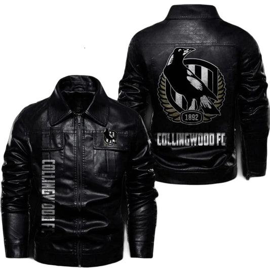 Collingwood FC Biker Leather Jacket, Streetwear Style with Fan Sticker Patch