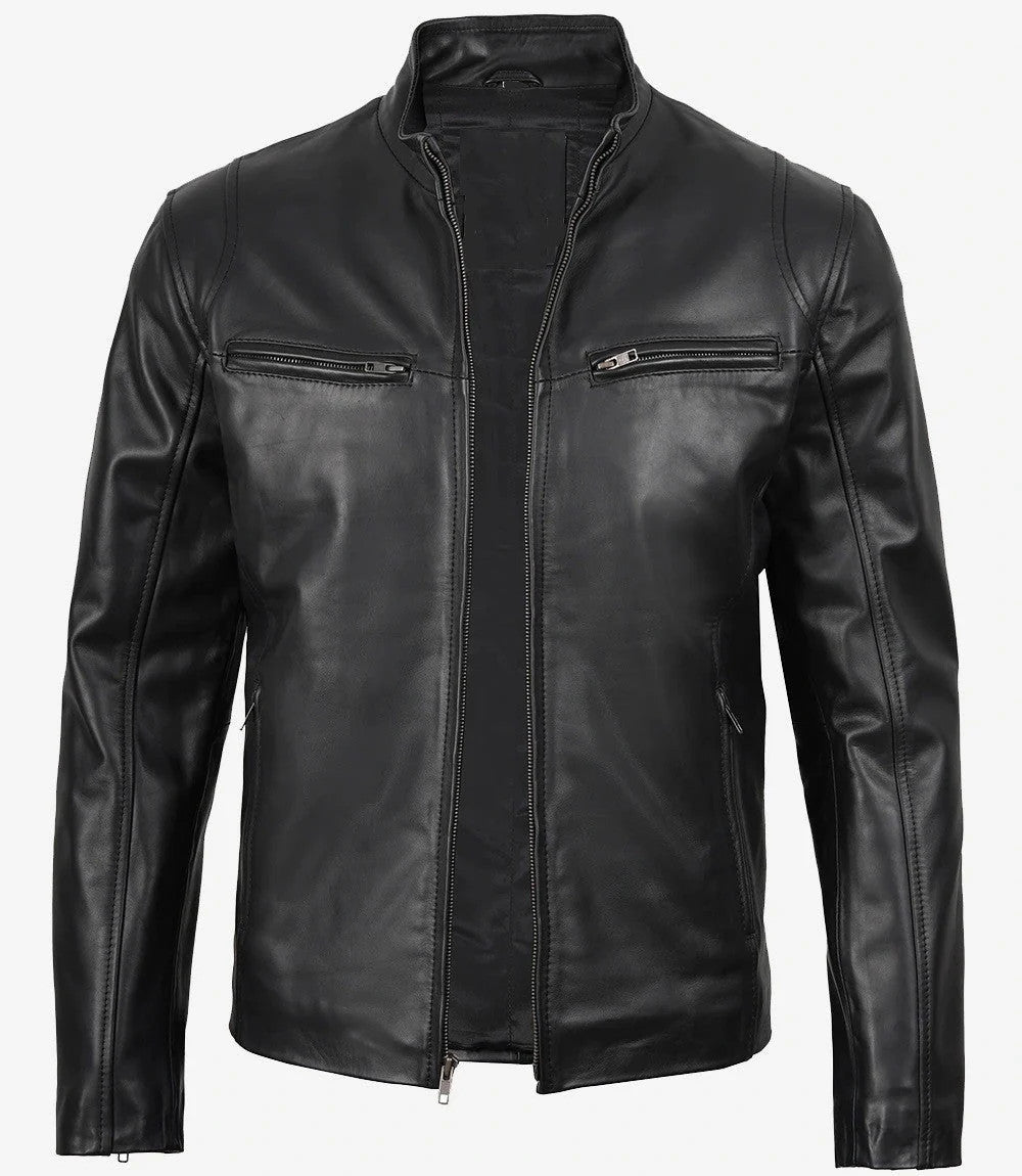 Classic Black Biker Leather Jacket for Men, Café Racer Edge