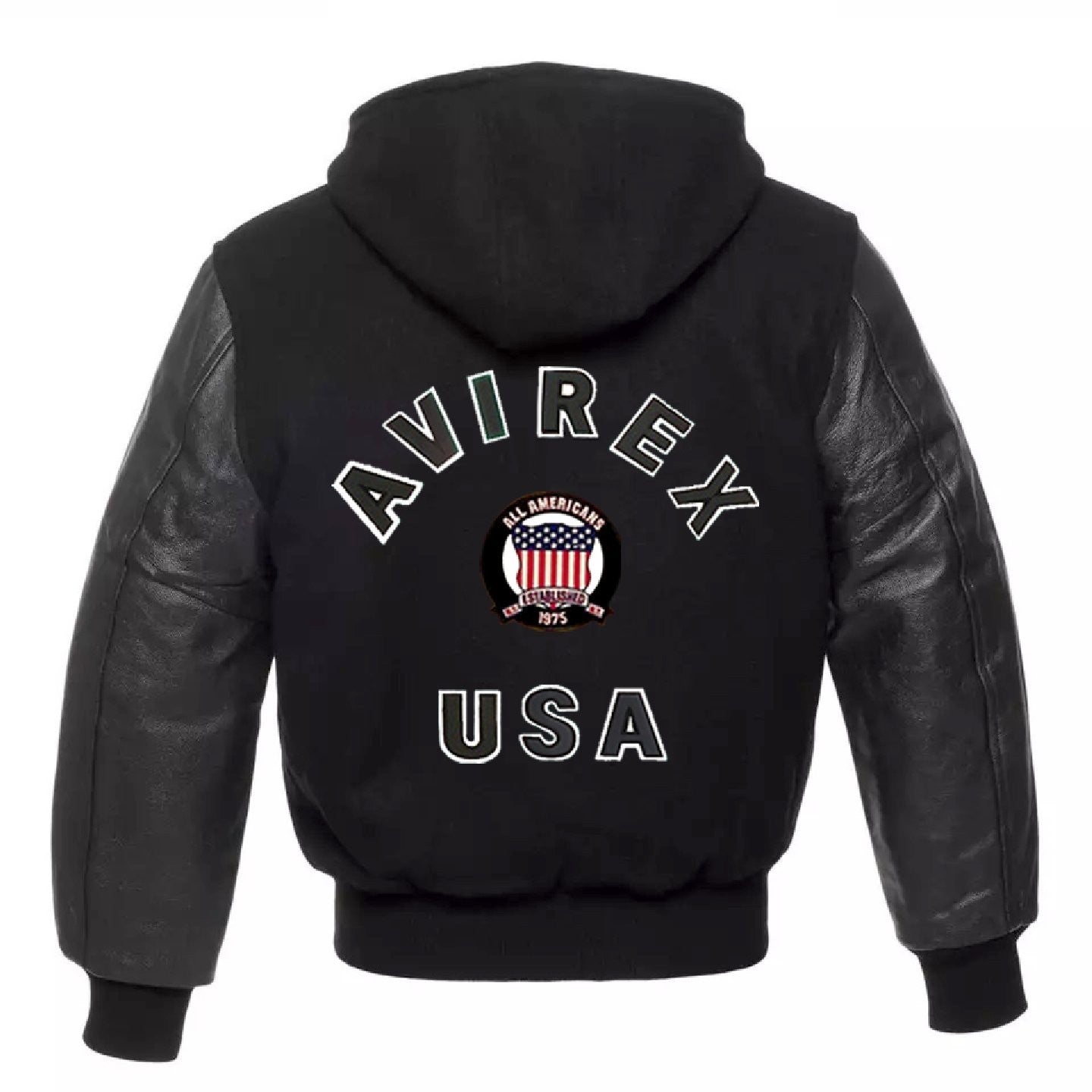 Avirex USA Varsity Hoodie Wool Jacket with Leather Sleeves, Americana Streetwear