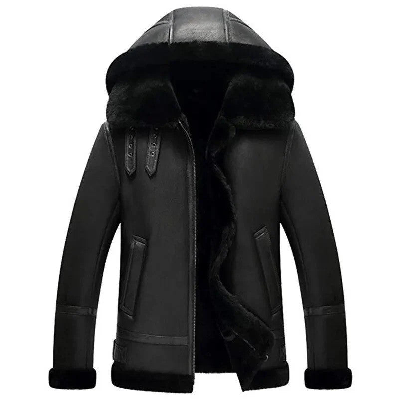 Northern Outpost Mens Hooded Shearling Bomber Real Sheepskin Flight Gear