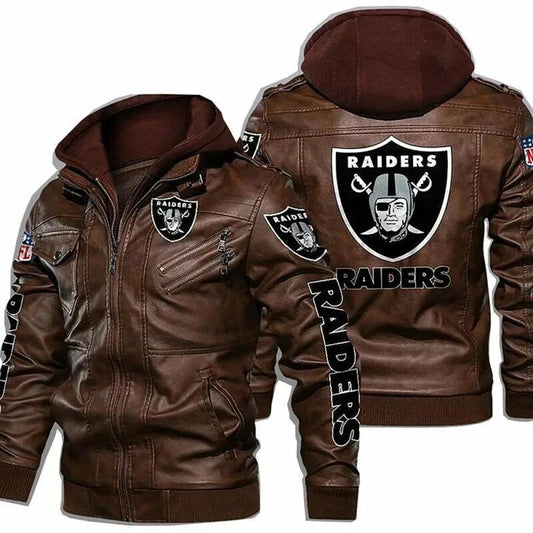 Las Vegas Raiders Mens Vintage Leather Jacket Flight Biker Bomber Hooded Coat
