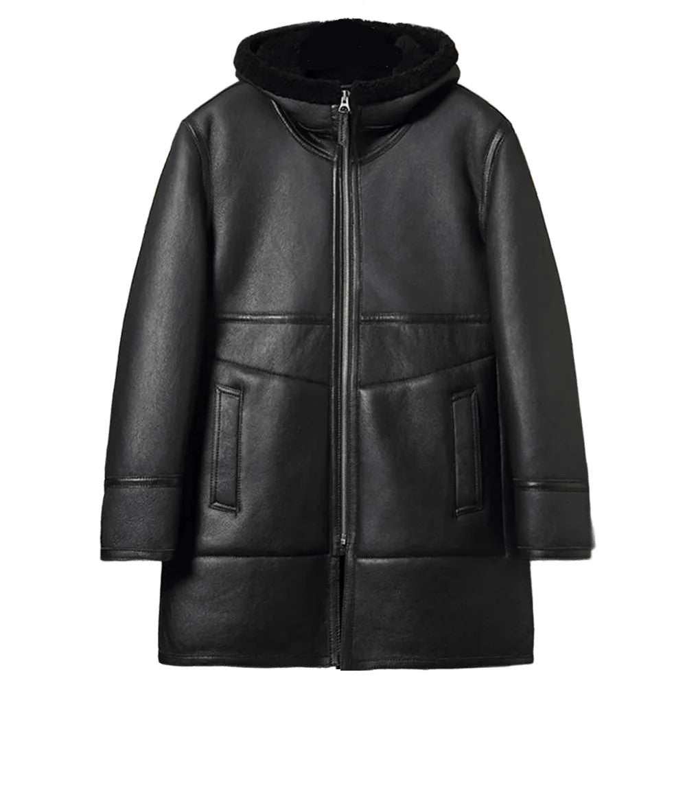 Shadowline Detective Trench Black Leather Coat, Hooded Shearling Winter Jacket