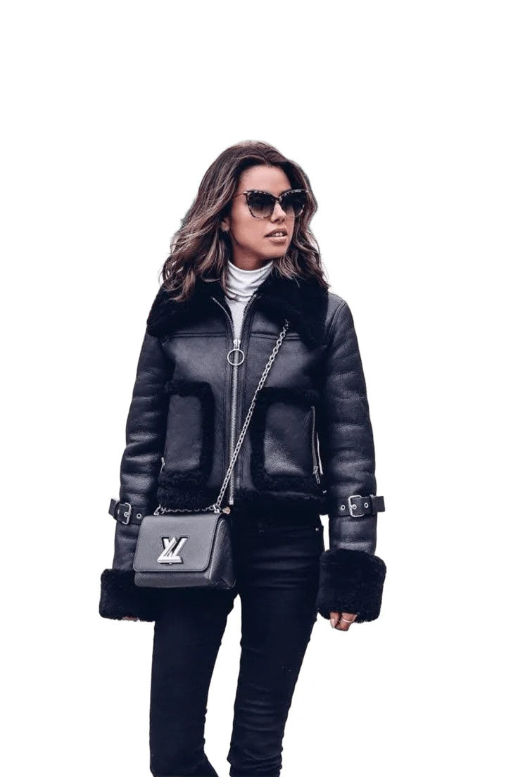 Stylish Moto Coat for Women Shearling Aviator Short Parka