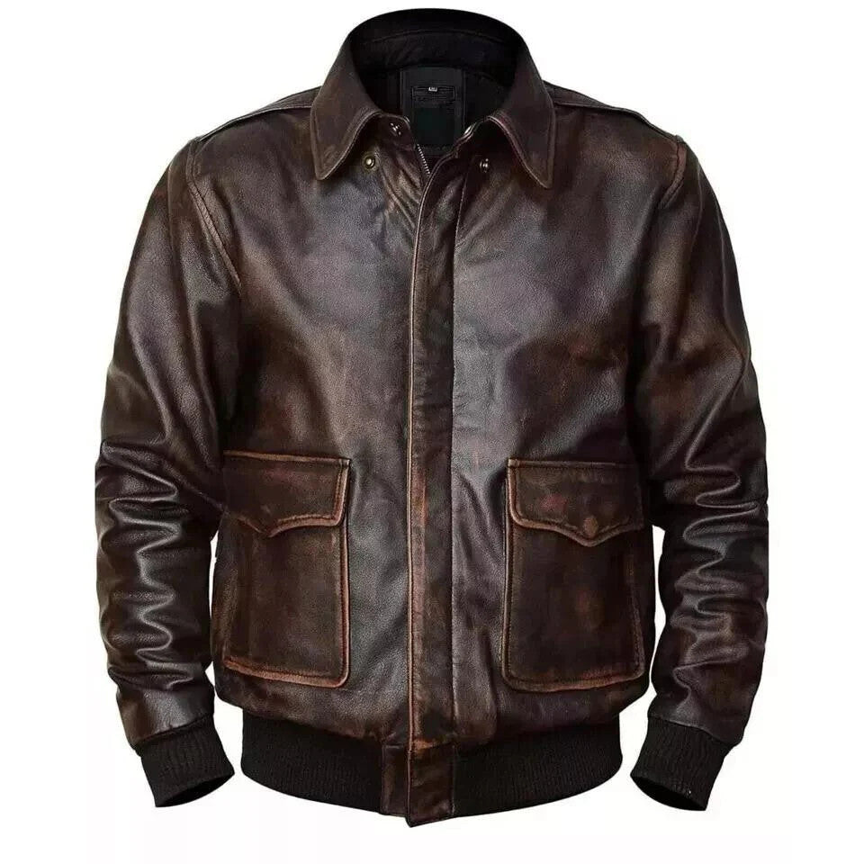 Authentic A-2 Leather Bomber, Mens Vintage US Pilot Aviator Jacket
